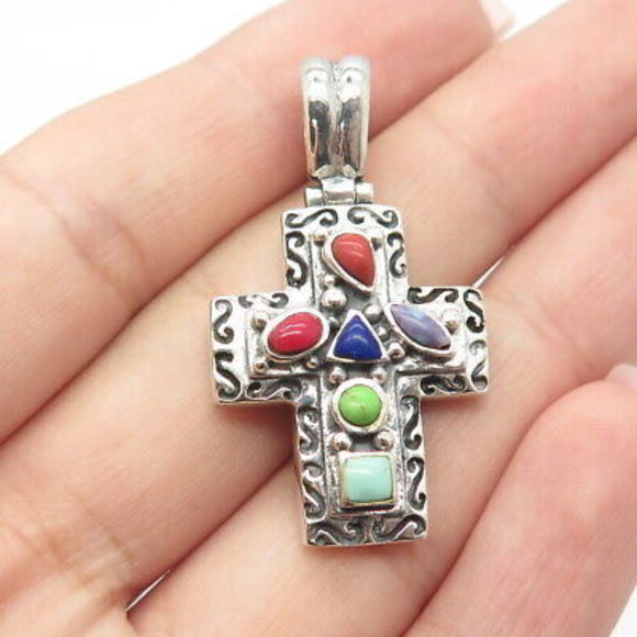 Jewelry - 925 Sterling Silver Vintage Lapis Lazuli Coral & Turquoise Gem Cross Pendant